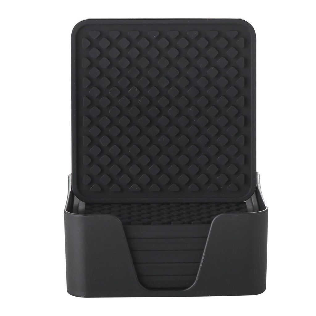 Silicone Drink Coasters with Holder, Set of 6, Black M3535