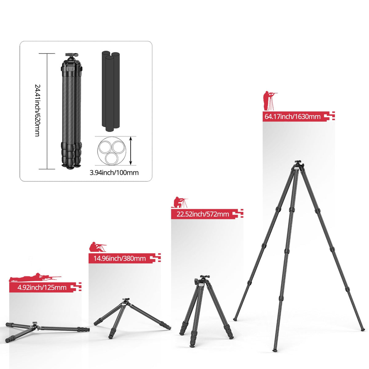 Carbon Fiber Hunting Tripod with Bubble Level and Ball Head V225