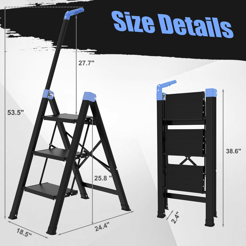 3 Step Foldable Stool with Single-Handrail Blue Q714423