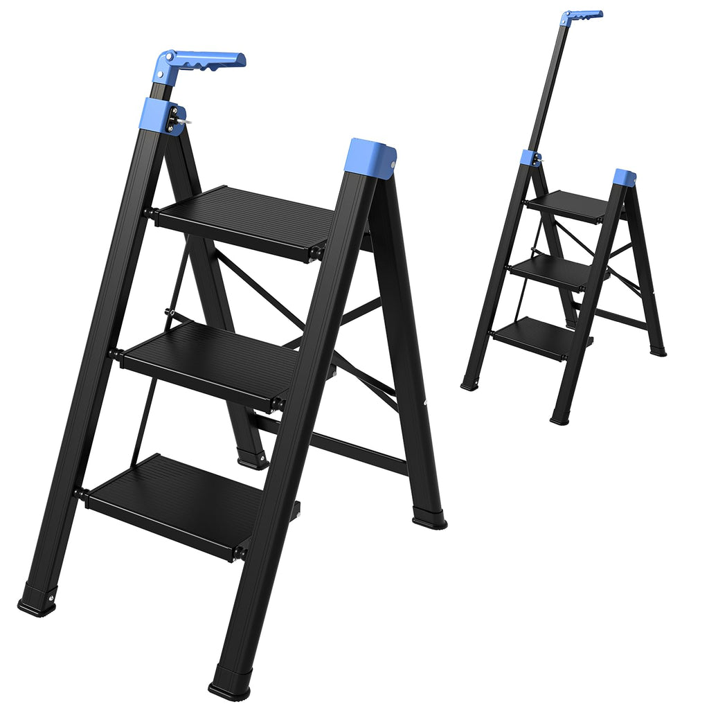 3 Step Foldable Stool with Single-Handrail Blue Q714423