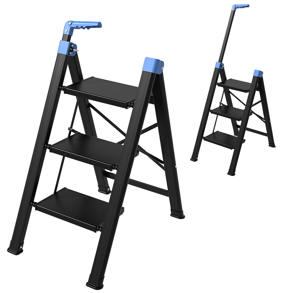 3 Step Foldable Stool with Single-Handrail Blue Q714423