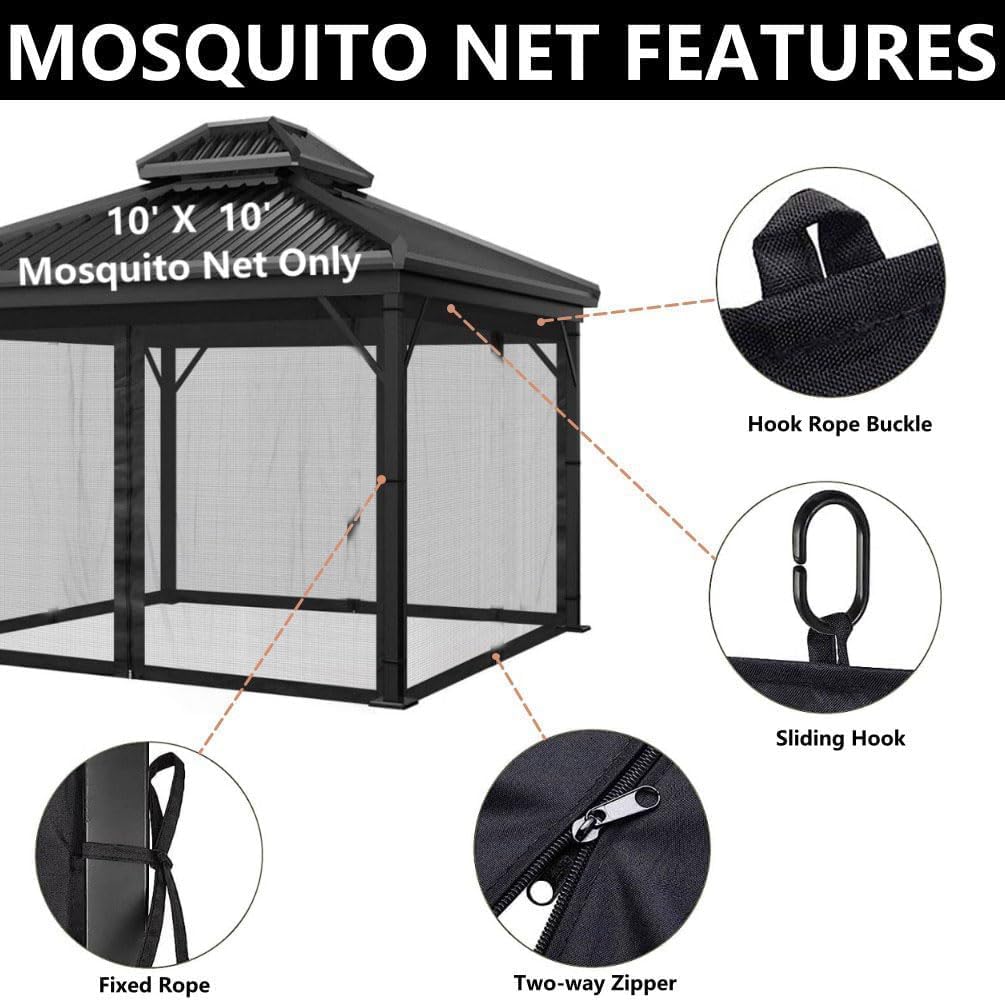 Mosquito Net 4-Panel Canopy Screen Wall with Zipper for 10 x 10' Gazebo D40059