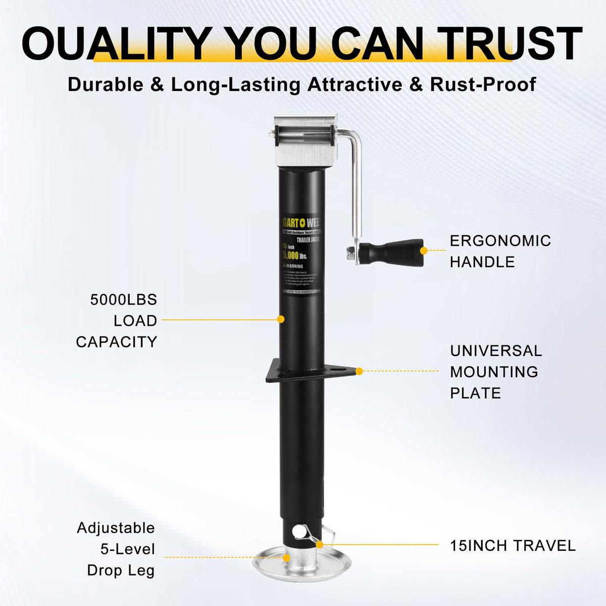 5000 lbs A-Frame Trailer Jack, 15" Vertical Travel with Adjustable Drop Leg F179