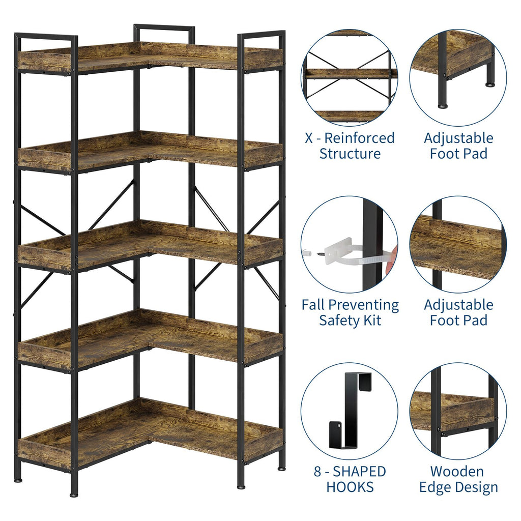 L-Shaped Corner Bookshelf 5 Tier Industrial Bookcase with 4 Hooks I4031