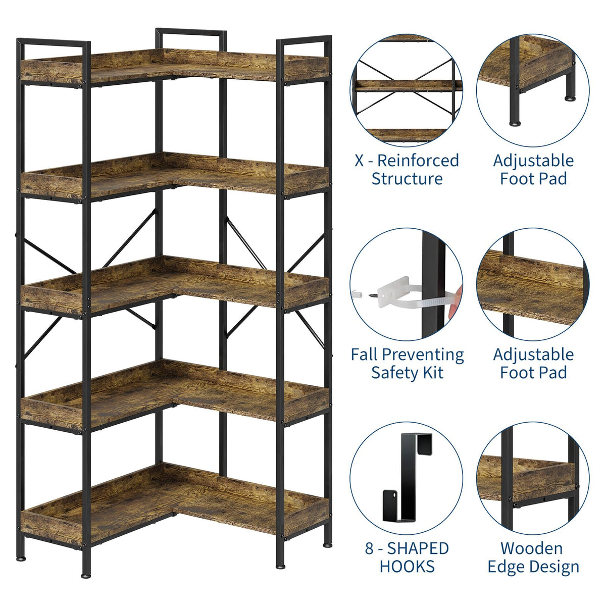 L-Shaped Corner Bookshelf 5 Tier Industrial Bookcase with 4 Hooks I4031
