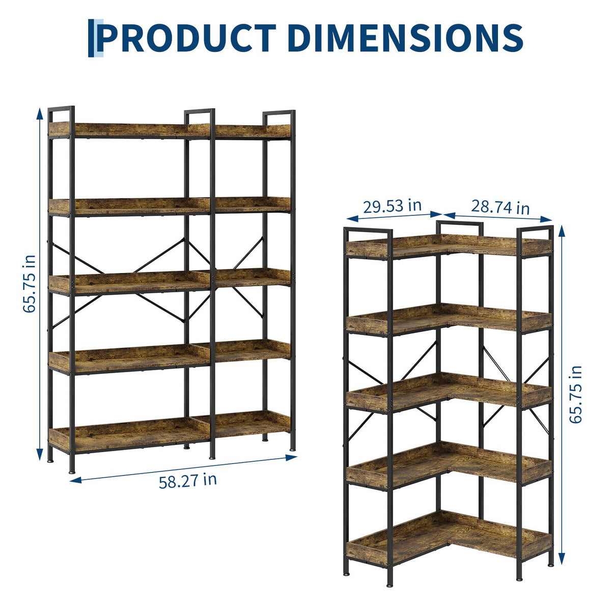 L-Shaped Corner Bookshelf 5 Tier Industrial Bookcase with 4 Hooks I4031