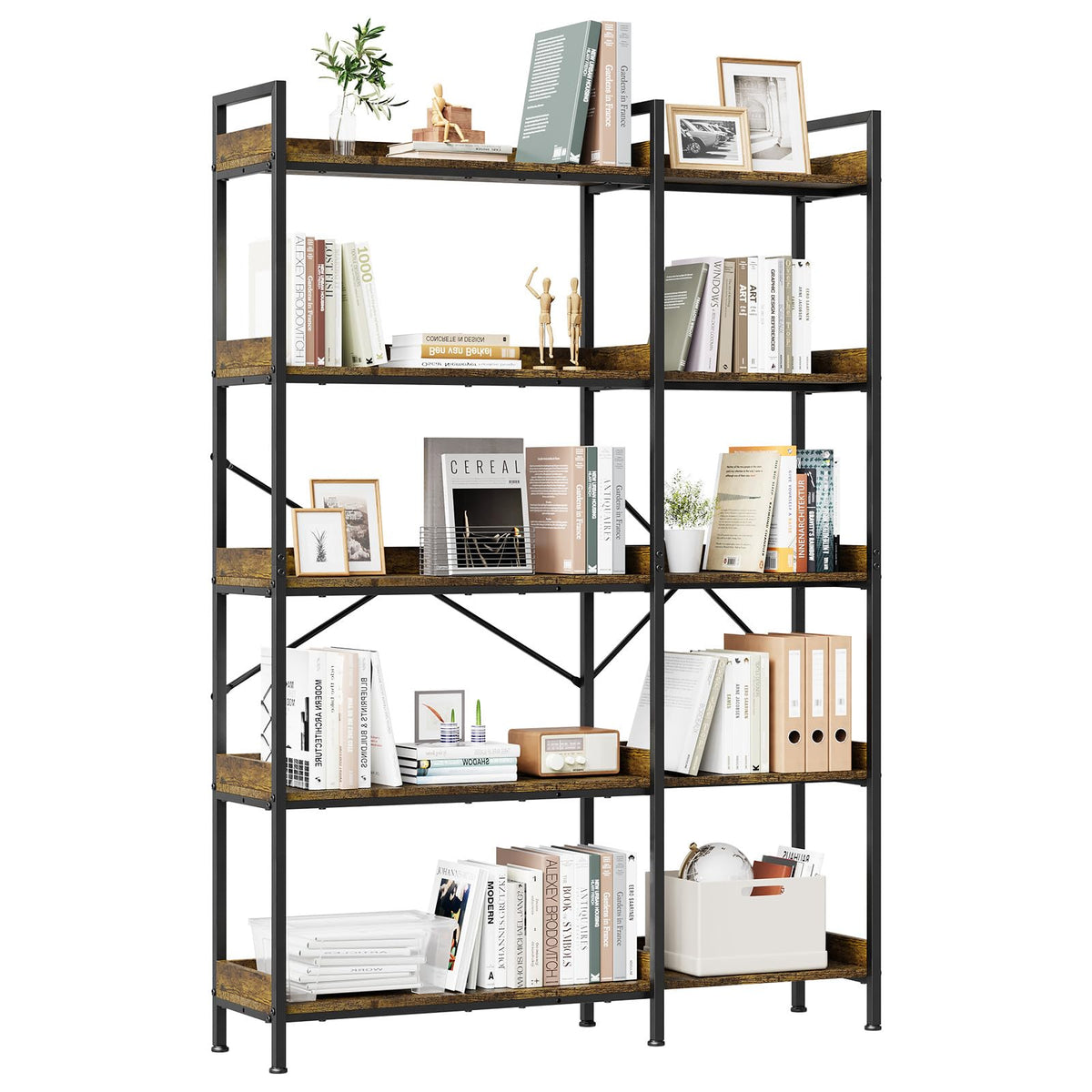 L-Shaped Corner Bookshelf 5 Tier Industrial Bookcase with 4 Hooks I4031