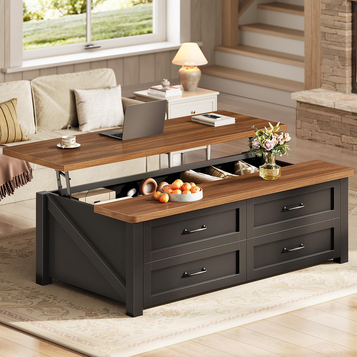 47.2" Lift Top Coffee Table with Storage, 4 Wood Drawers Y892350