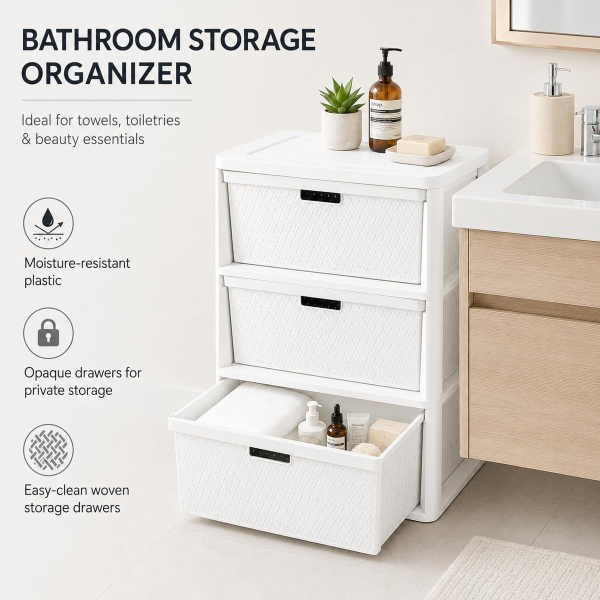 Wide 3-Drawer Plastic Storage Tower with Removable Bins O4314