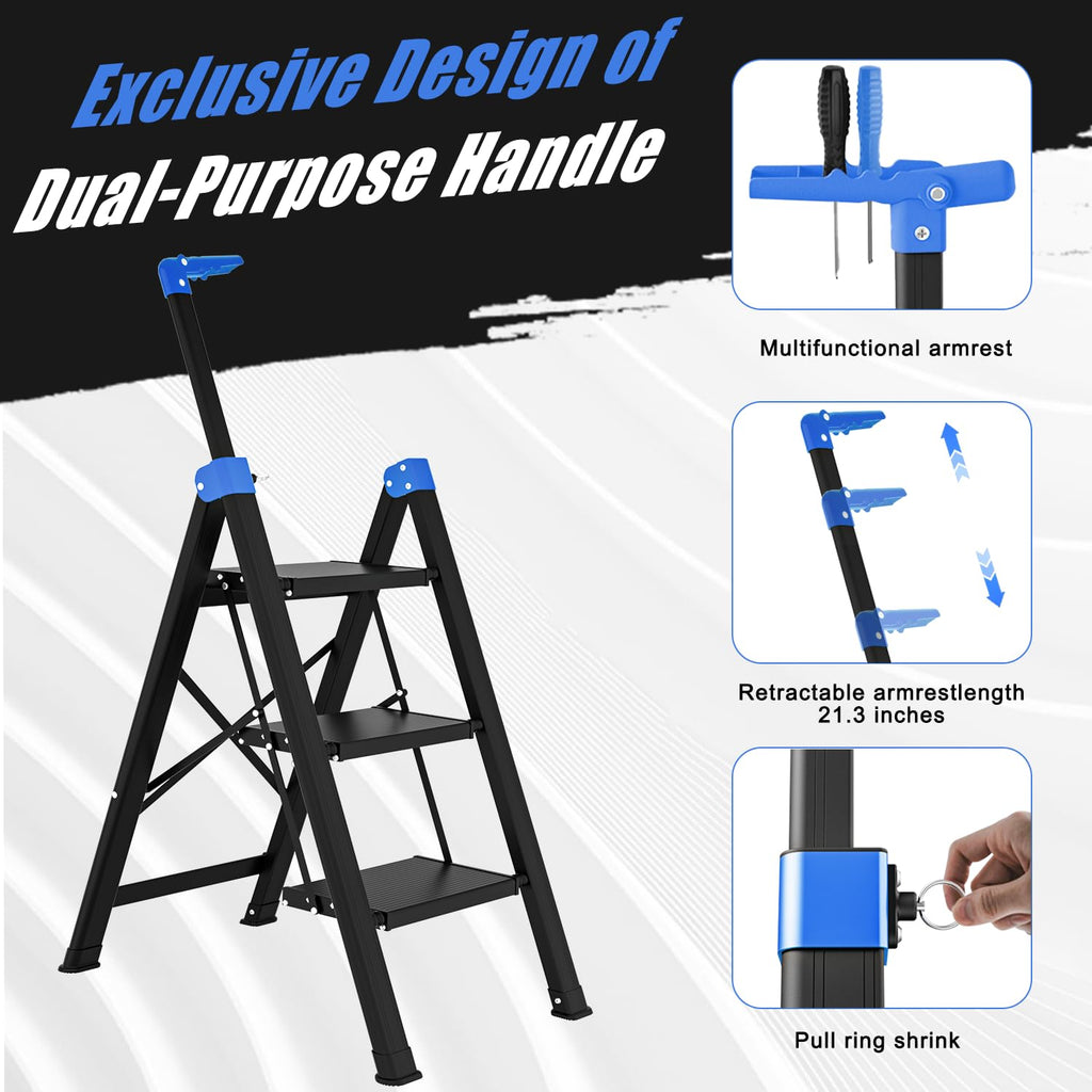 3 Step Foldable Stool with Single-Handrail Blue Q714423
