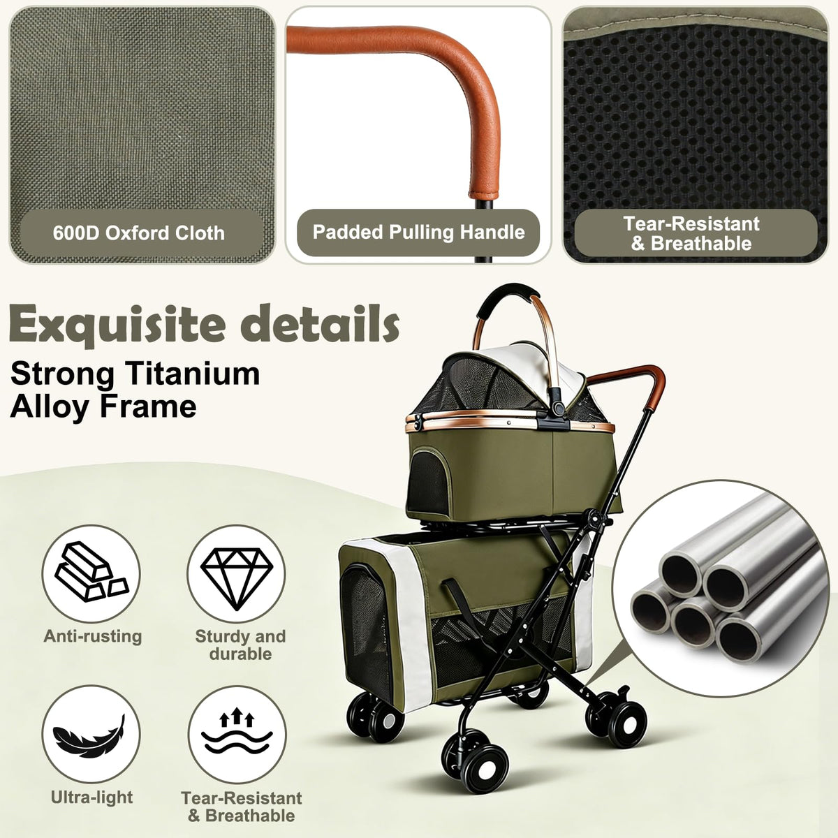 Foldable Double Pet Stroller with Detachable Carriers and 4 Lockable Wheels S23989