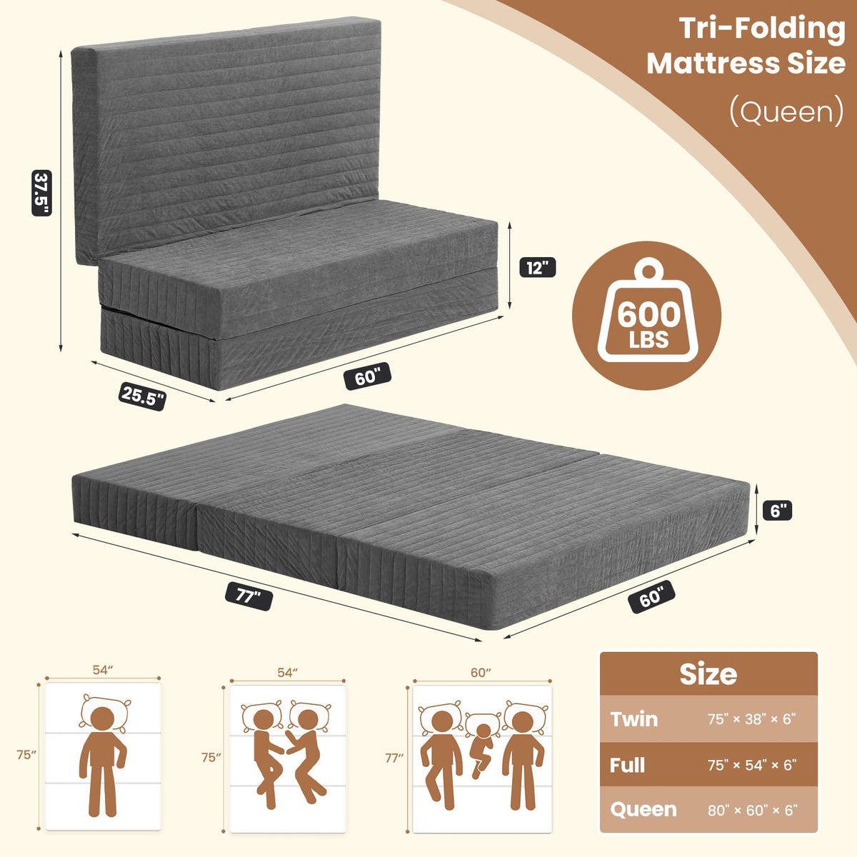 Queen Size Tri-Fold Mattress with Handles & Non-Slip Bottom S512