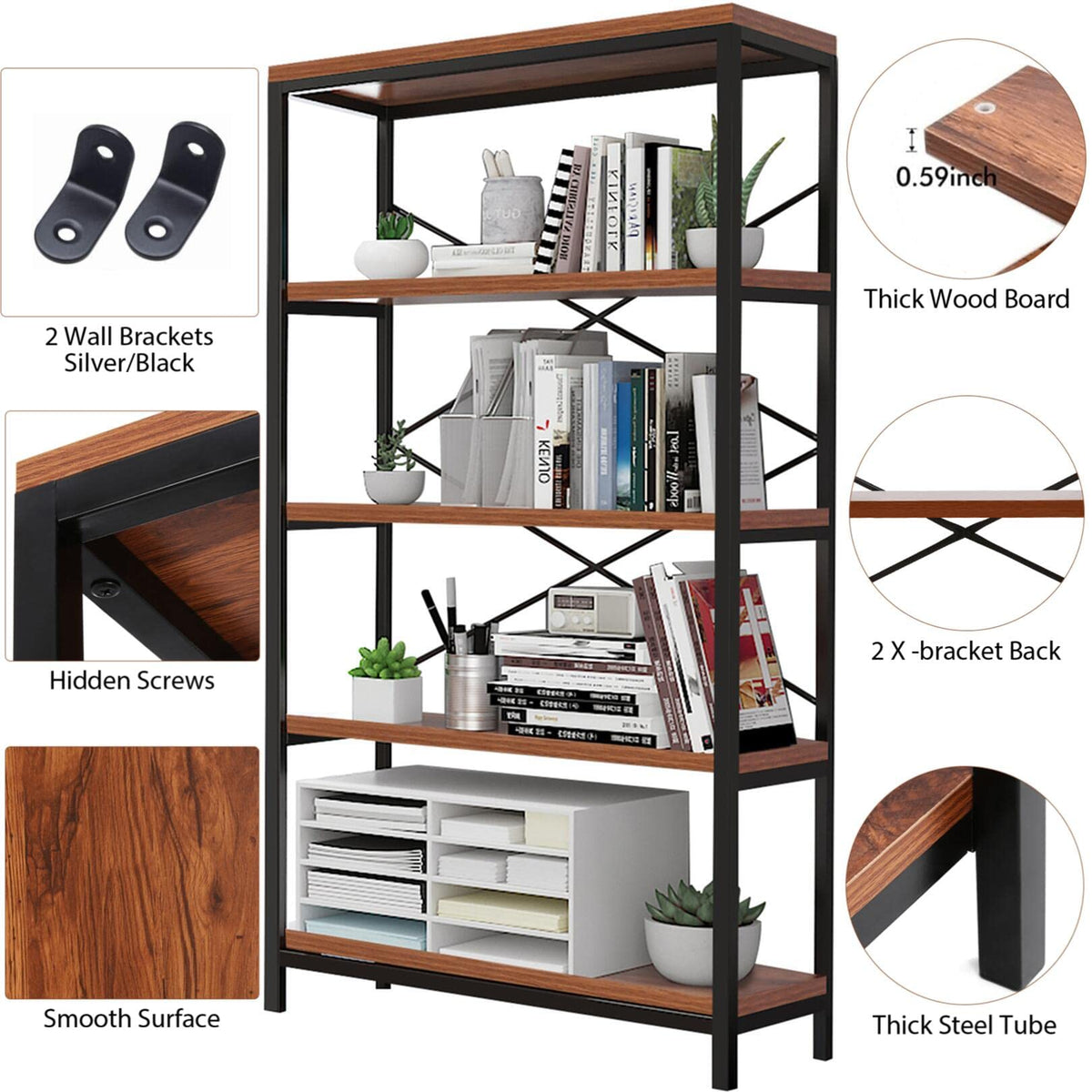 5 Tier Heavy Duty Freestanding Bookcase J337