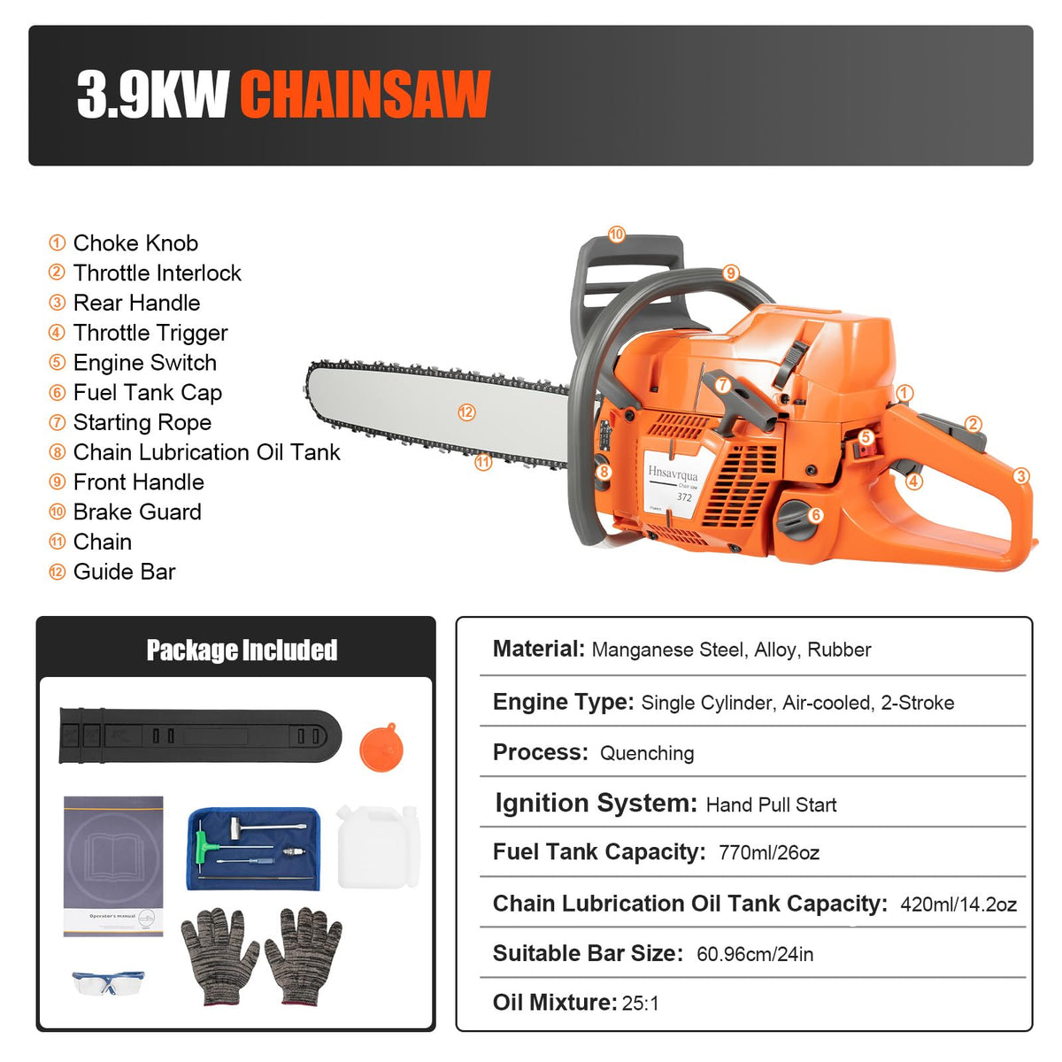 Gas Powered Chainsaw, 72cc 2-Cycle Engine, 24'' Handheld M6096