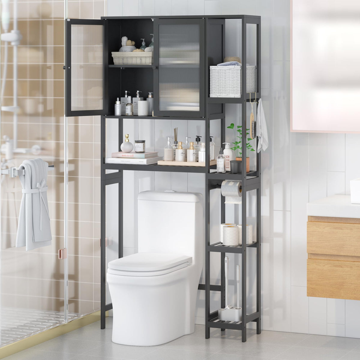 Black Over the Toilet Storage Cabinet with Adjustable Shelves K2674