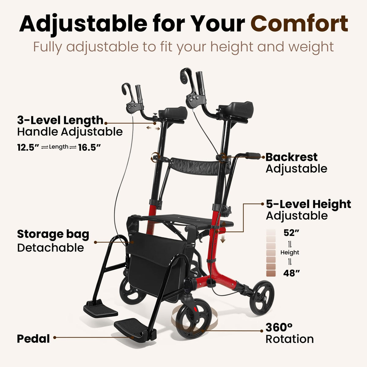 Foldable Lightweight Upright Walker with Seat Armrest Pedal M117164