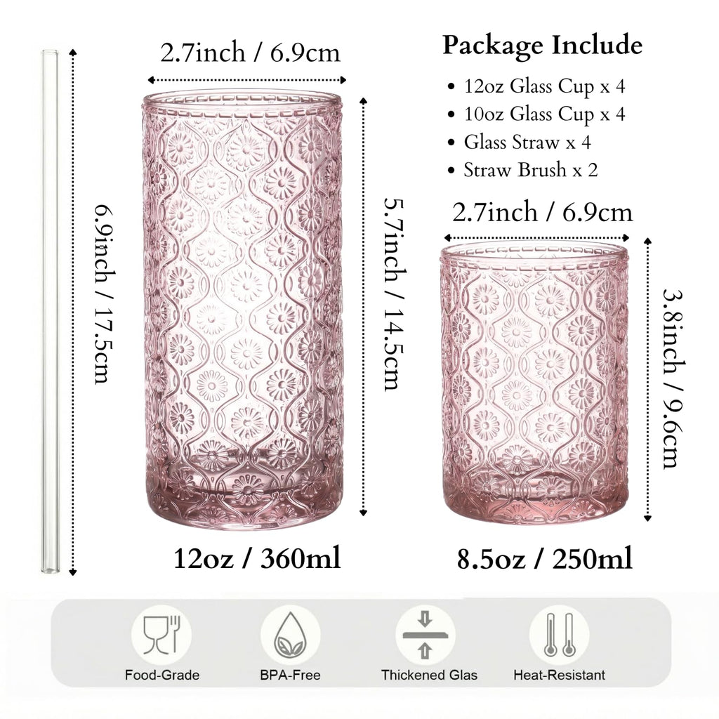Pink Floral Embossed 12 Oz Highball & 10 Oz Cocktail Glasses Set of 8 with Straws Y37698