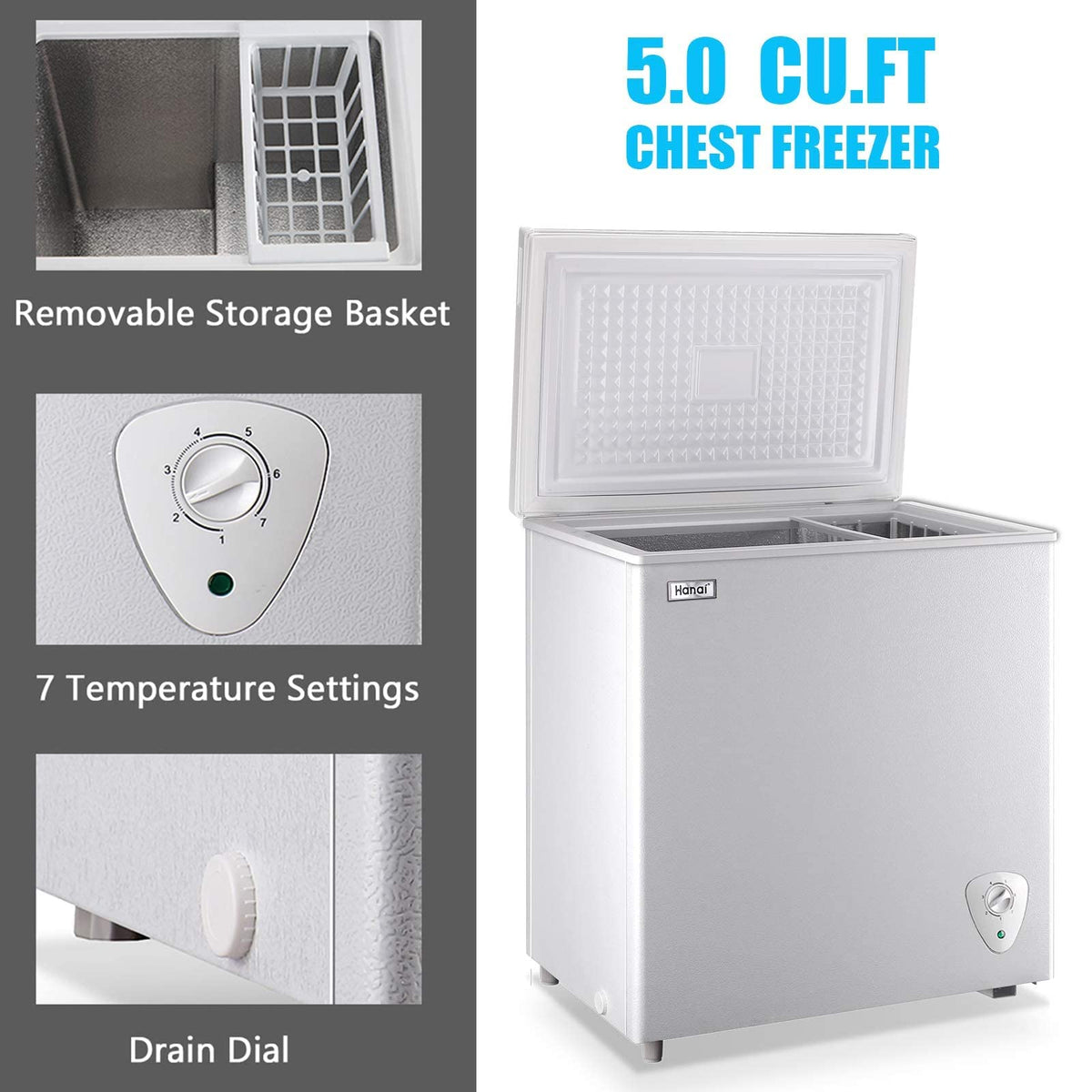 5.0 Cu.Ft White Chest Freezer with Removable Basket I587