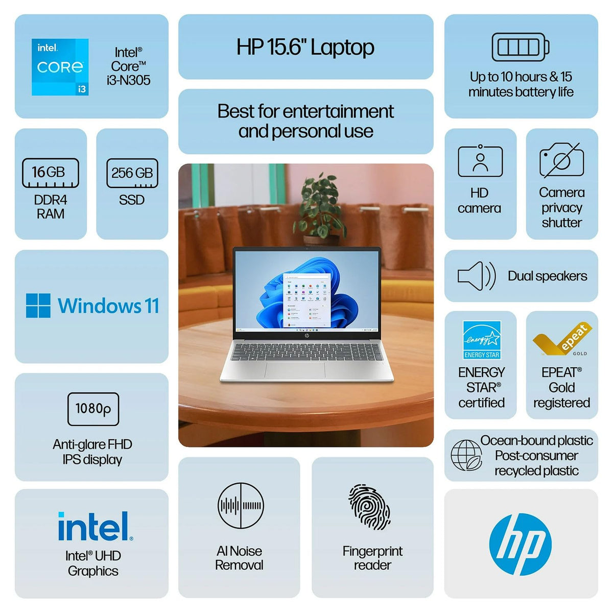 15.6" FHD Laptop with Fingerprint Reader, Intel Core i3, 8GB RAM, 256GB SSD K155535