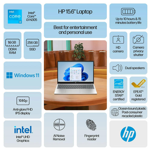 15.6" FHD Laptop with Fingerprint Reader, Intel Core i3, 8GB RAM, 256GB SSD K155535