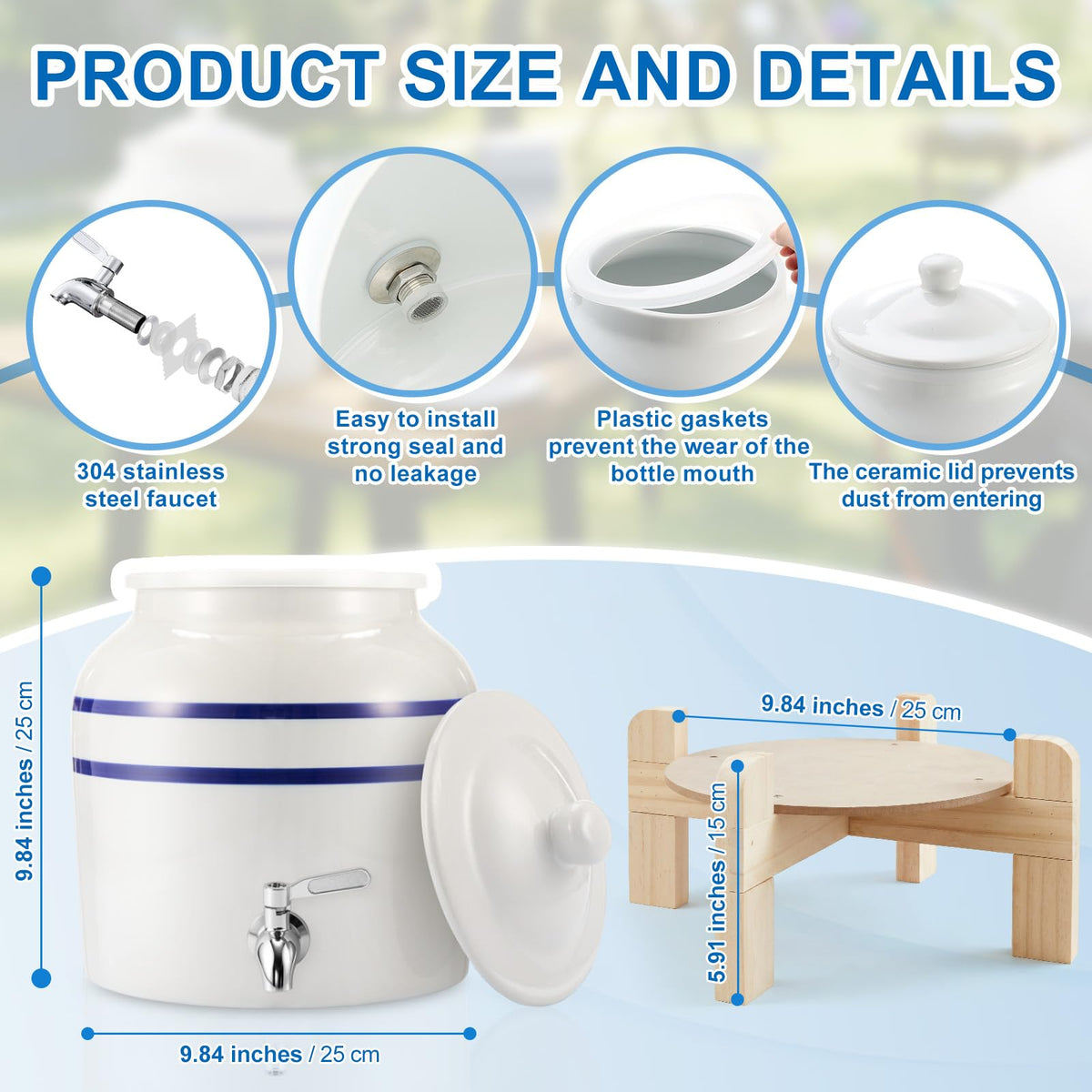 Ceramic Water Dispenser with Wood Stand and Stainless Steel Faucet D654279