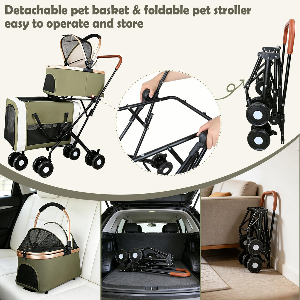 Foldable Double Pet Stroller with Detachable Carriers and 4 Lockable Wheels S23989