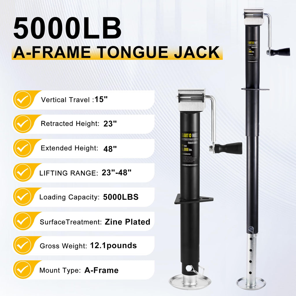 5000 lbs A-Frame Trailer Jack, 15" Vertical Travel with Adjustable Drop Leg F179
