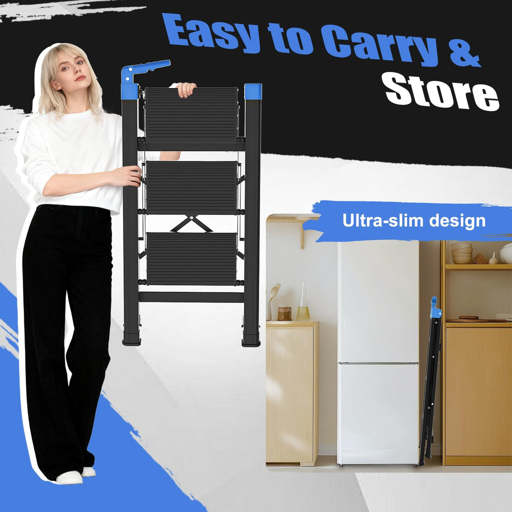 3 Step Foldable Stool with Single-Handrail Blue Q714423