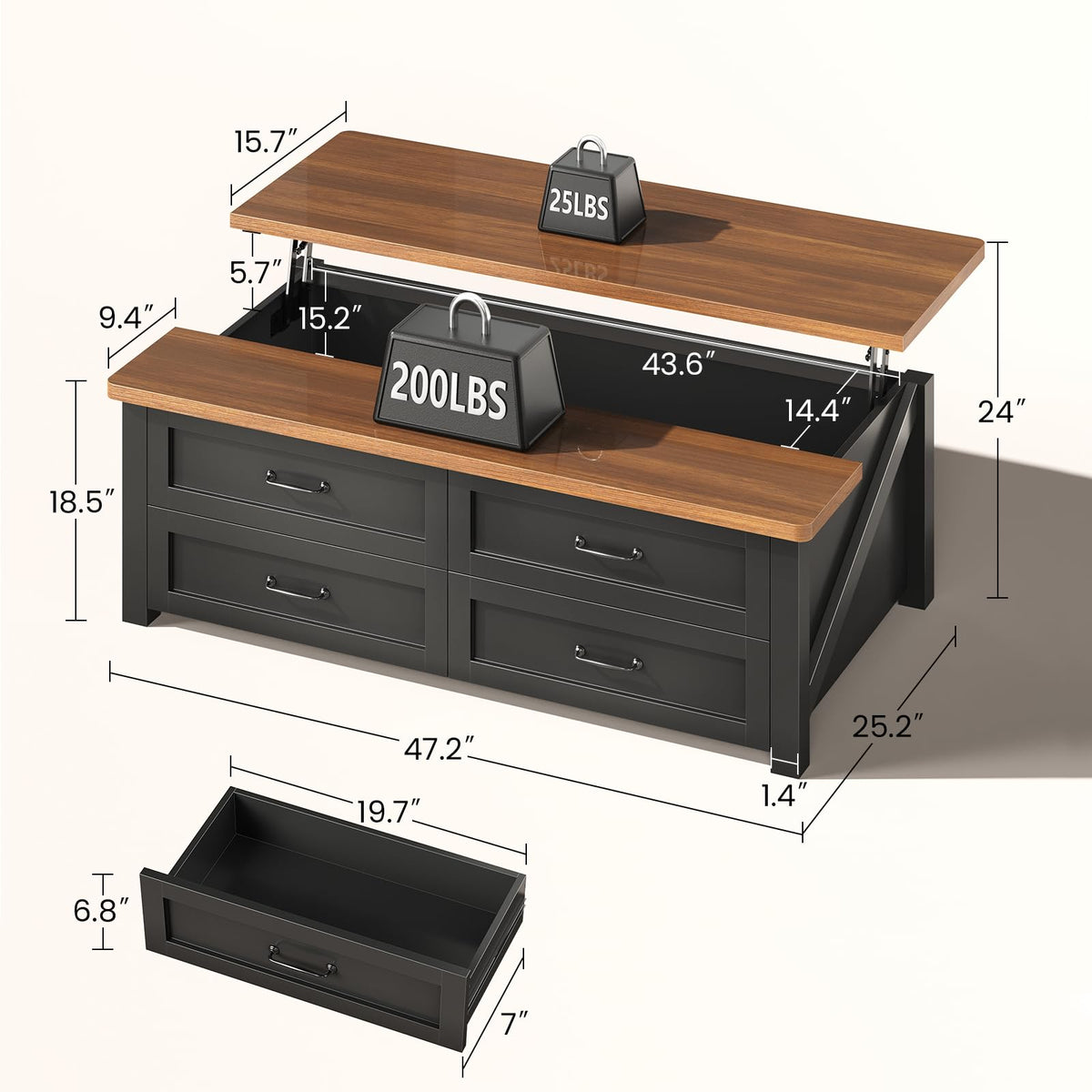 47.2" Lift Top Coffee Table with Storage, 4 Wood Drawers Y892350