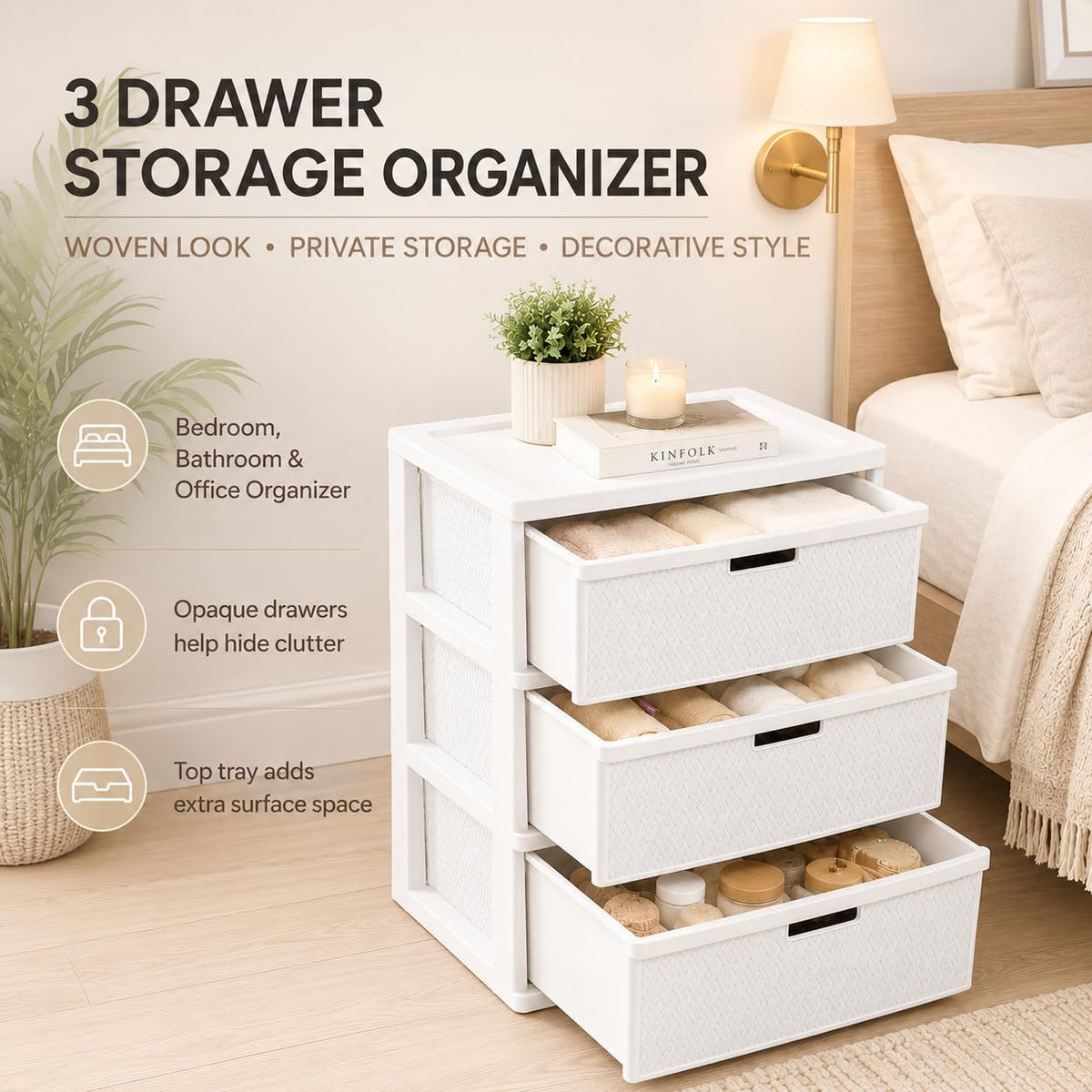 Wide 3-Drawer Plastic Storage Tower with Removable Bins O4314