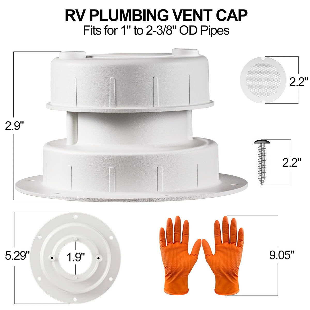 Aluminum RV Plumbing Vent Cap Kit with Screen White M546