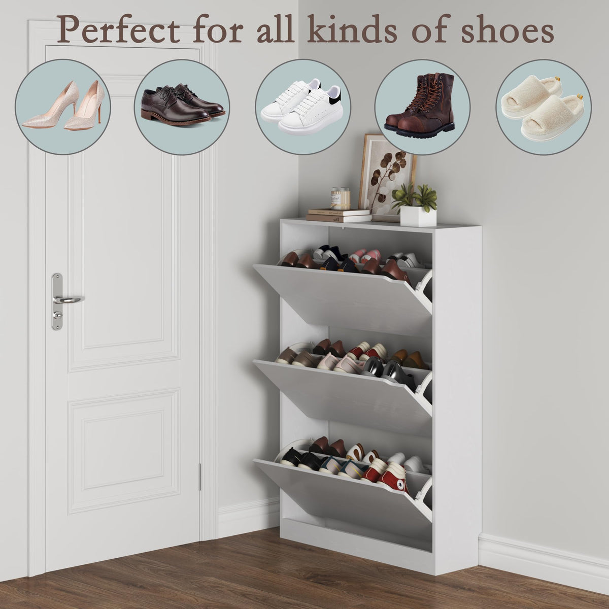 White 3 Flip Drawer Wood Shoe Cabinet C347457