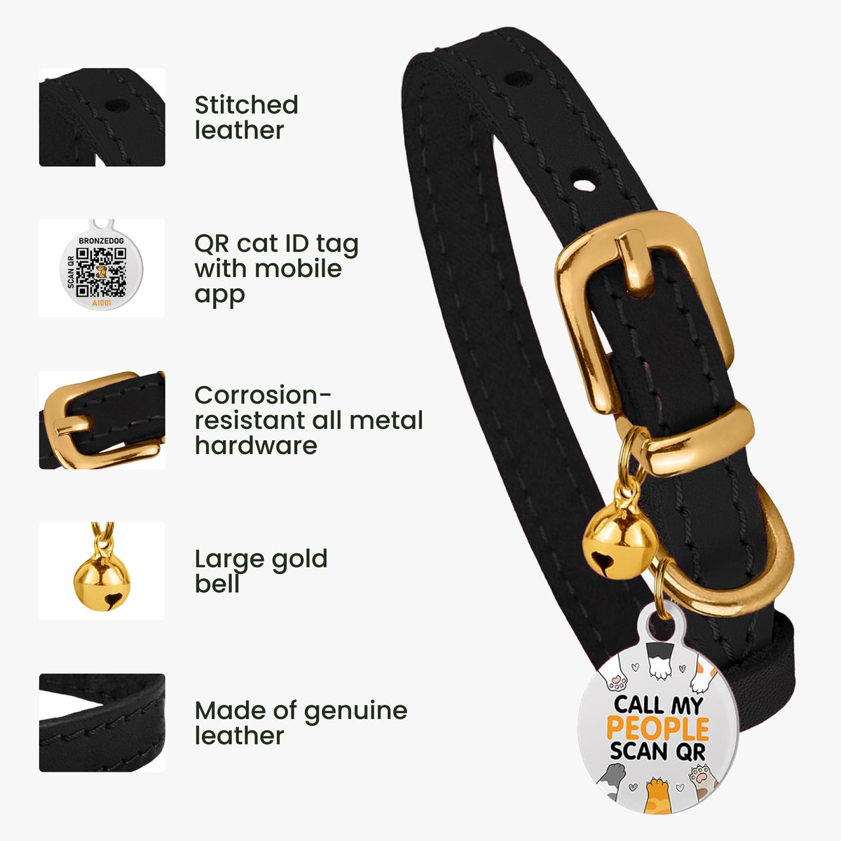 Black Gold Leather Cat Collar with Removable Bells W14098