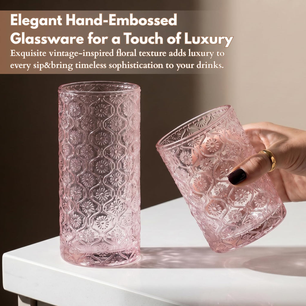 Pink Floral Embossed 12 Oz Highball & 10 Oz Cocktail Glasses Set of 8 with Straws Y37698