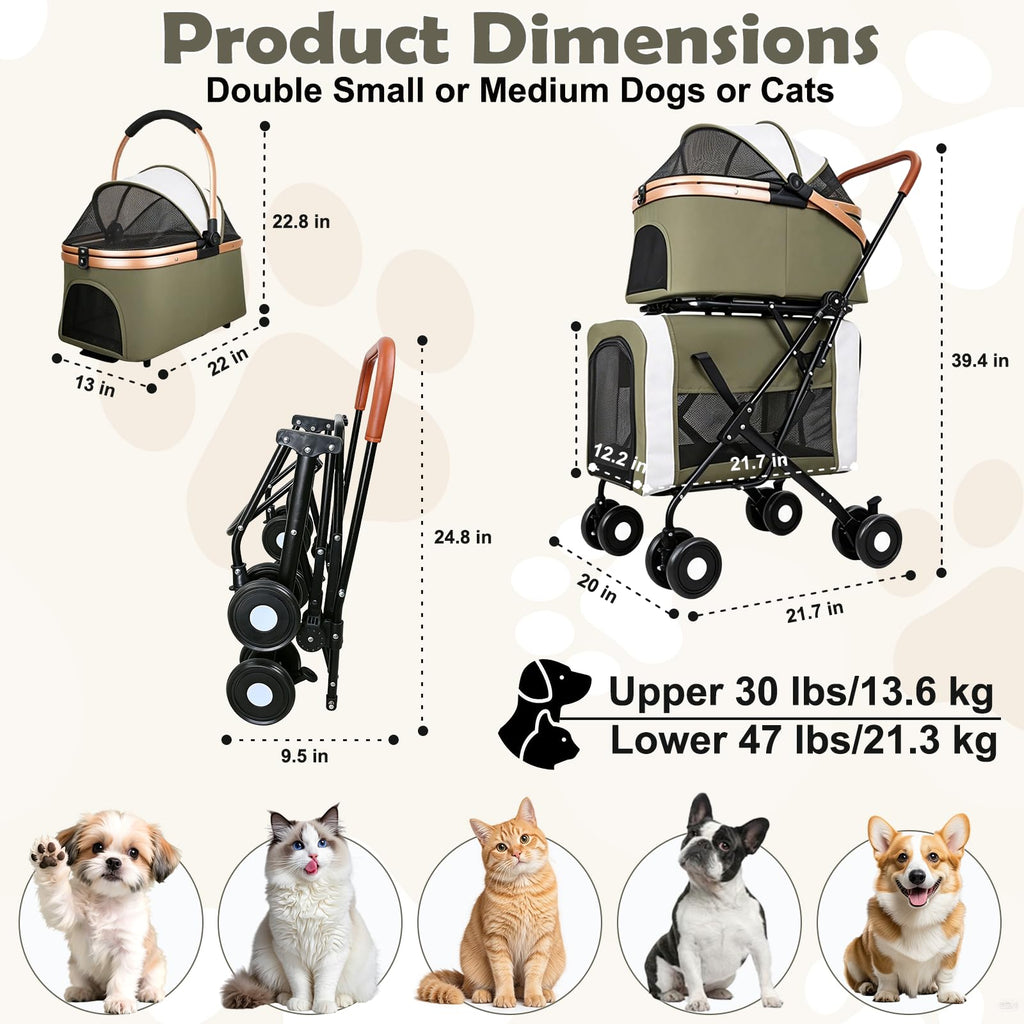 Foldable Double Pet Stroller with Detachable Carriers and 4 Lockable Wheels S23989