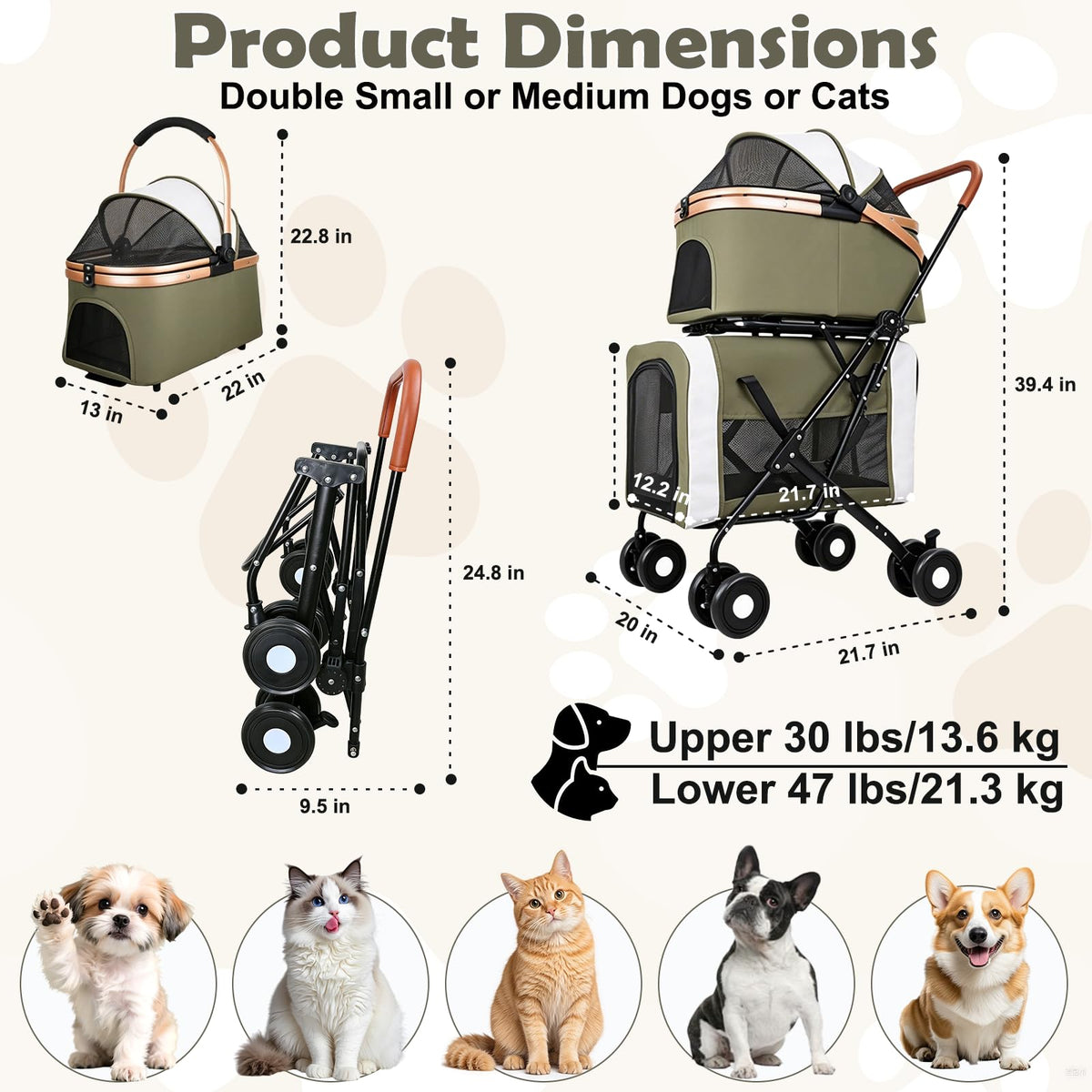 Foldable Double Pet Stroller with Detachable Carriers and 4 Lockable Wheels S23989