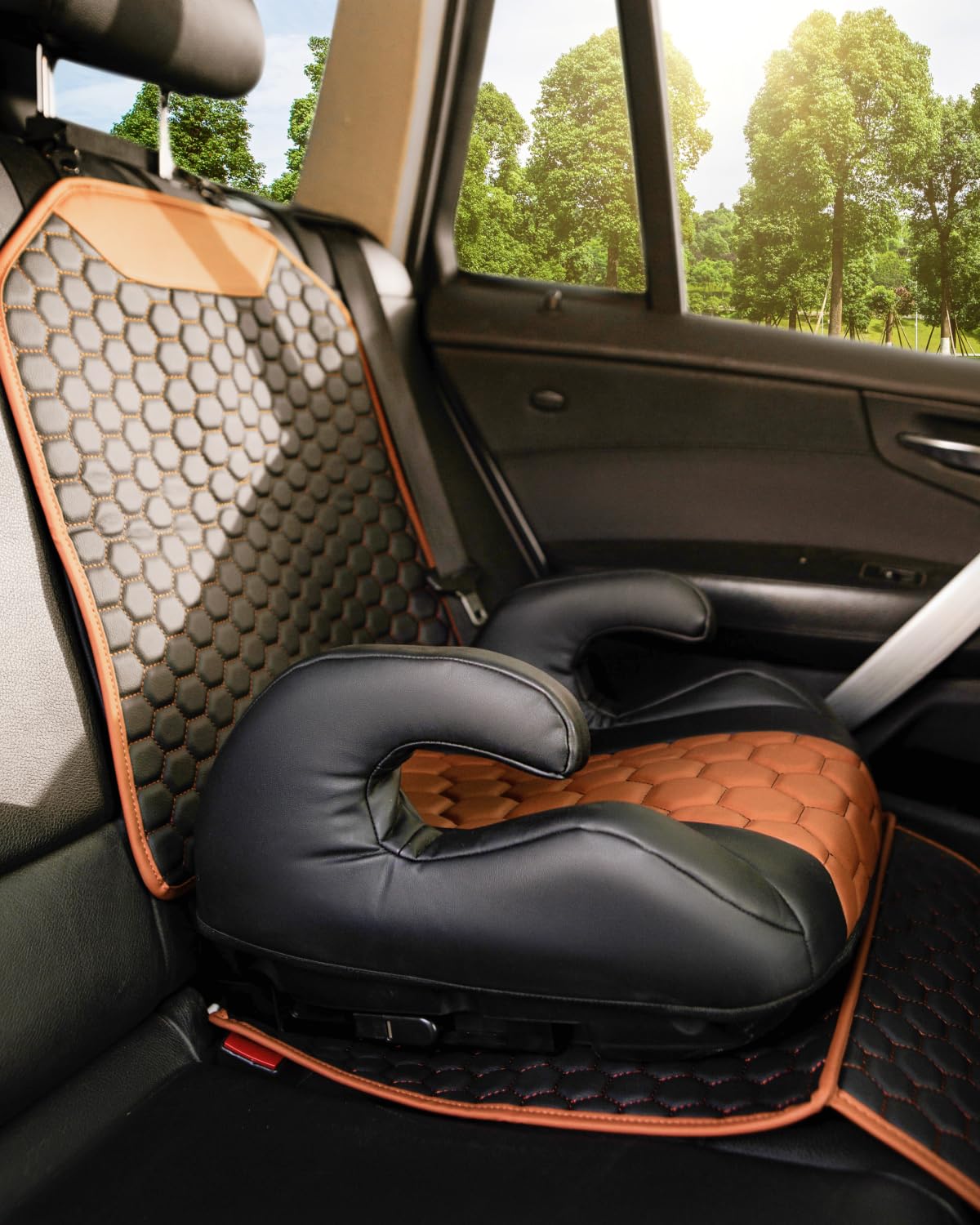Black-Brown Backless Booster with Latch, Seat Protector & Backseat Organizer L85667