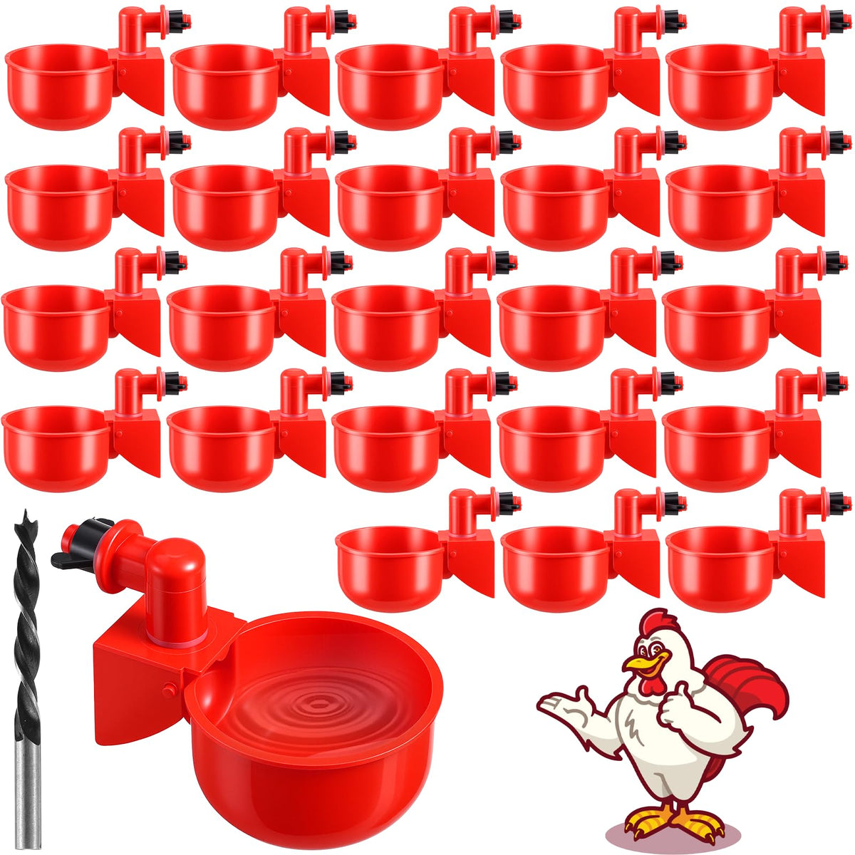 Automatic Chicken Waterer Cups 24-Pack Poultry Drinker with Hole Saw O4866