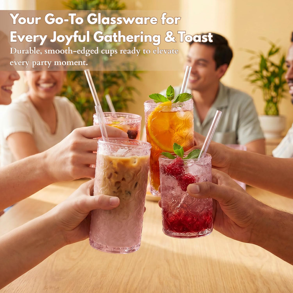 Pink Floral Embossed 12 Oz Highball & 10 Oz Cocktail Glasses Set of 8 with Straws Y37698