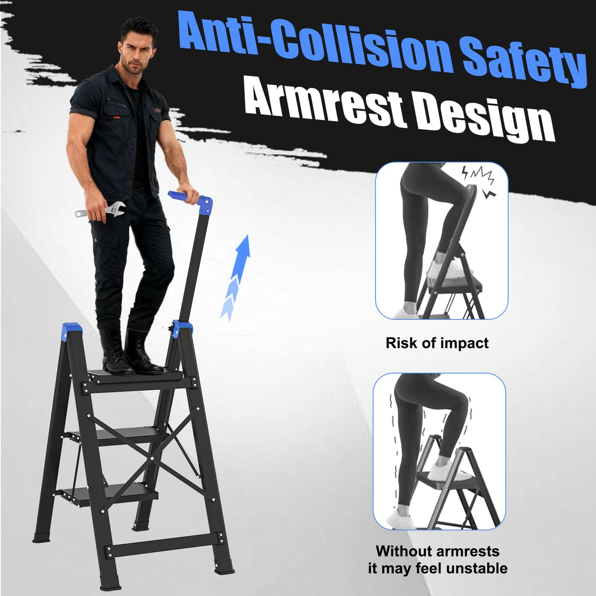 3 Step Foldable Stool with Single-Handrail Blue Q714423