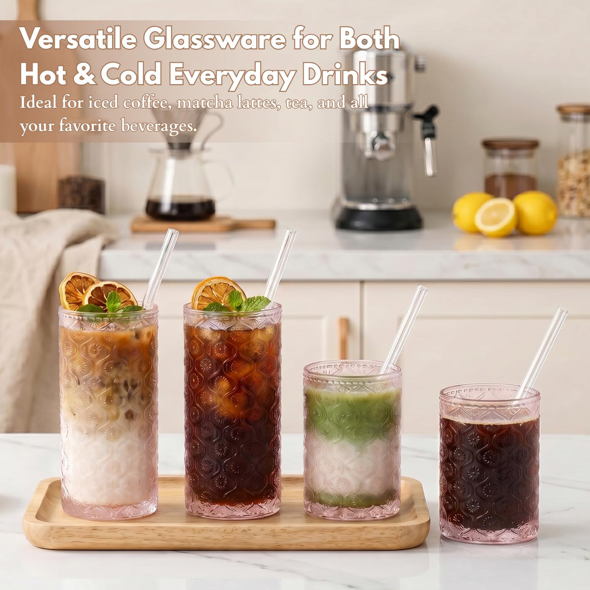 Pink Floral Embossed 12 Oz Highball & 10 Oz Cocktail Glasses Set of 8 with Straws Y37698