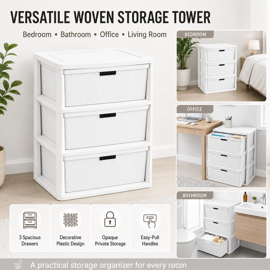 Wide 3-Drawer Plastic Storage Tower with Removable Bins O4314