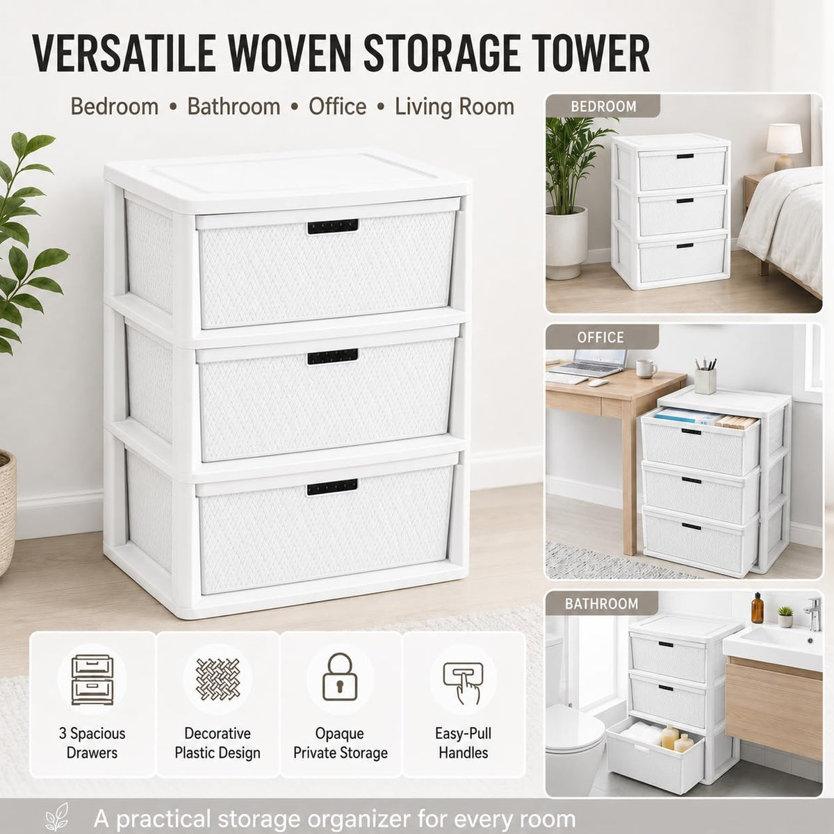 Wide 3-Drawer Plastic Storage Tower with Removable Bins O4314