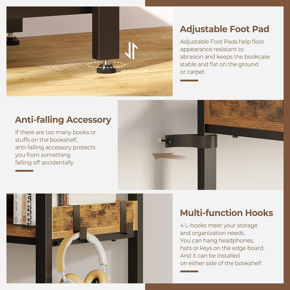 L-Shaped Corner Bookshelf 5 Tier Industrial Bookcase with 4 Hooks I4031