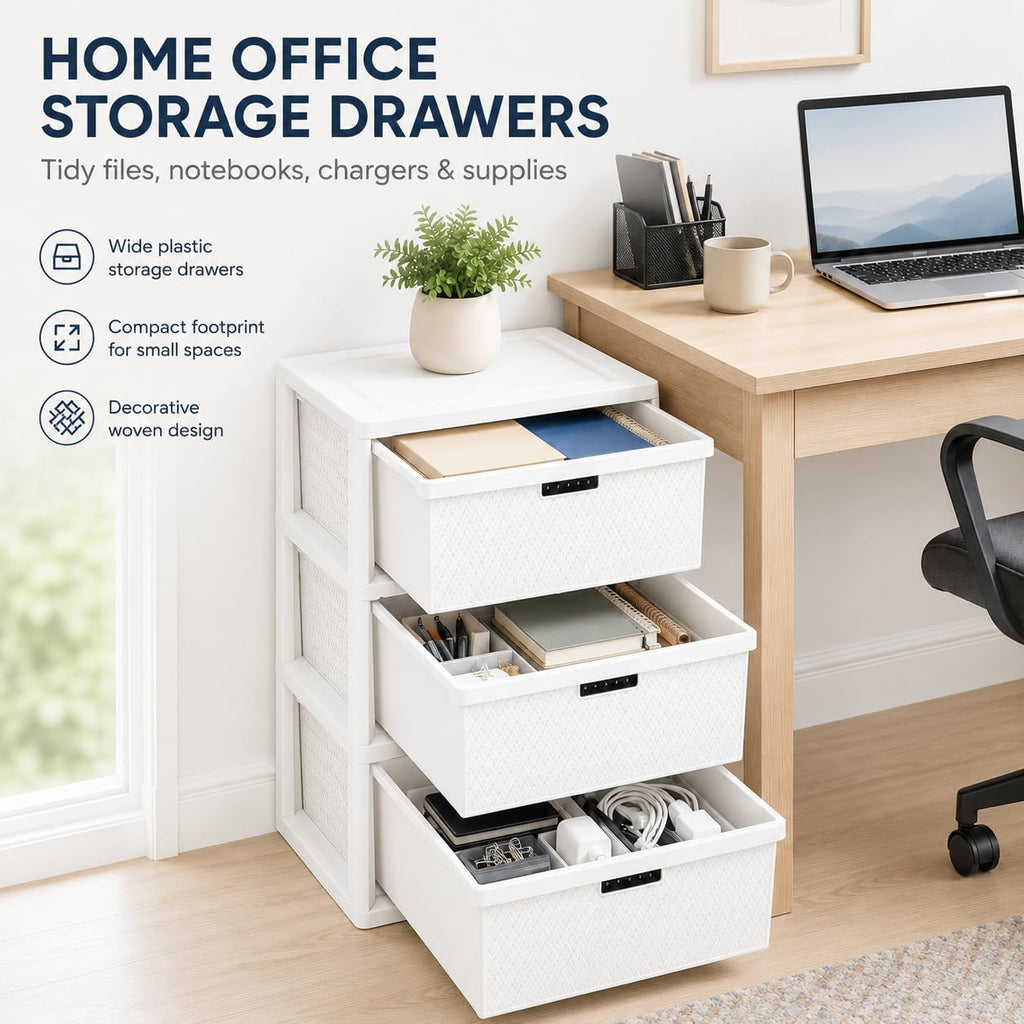 Wide 3-Drawer Plastic Storage Tower with Removable Bins O4314