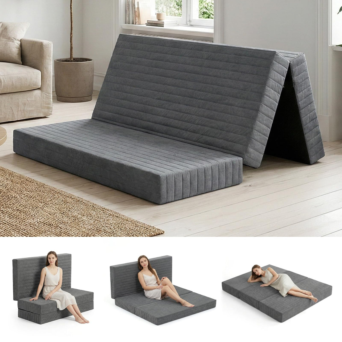 Queen Size Tri-Fold Mattress with Handles & Non-Slip Bottom S512