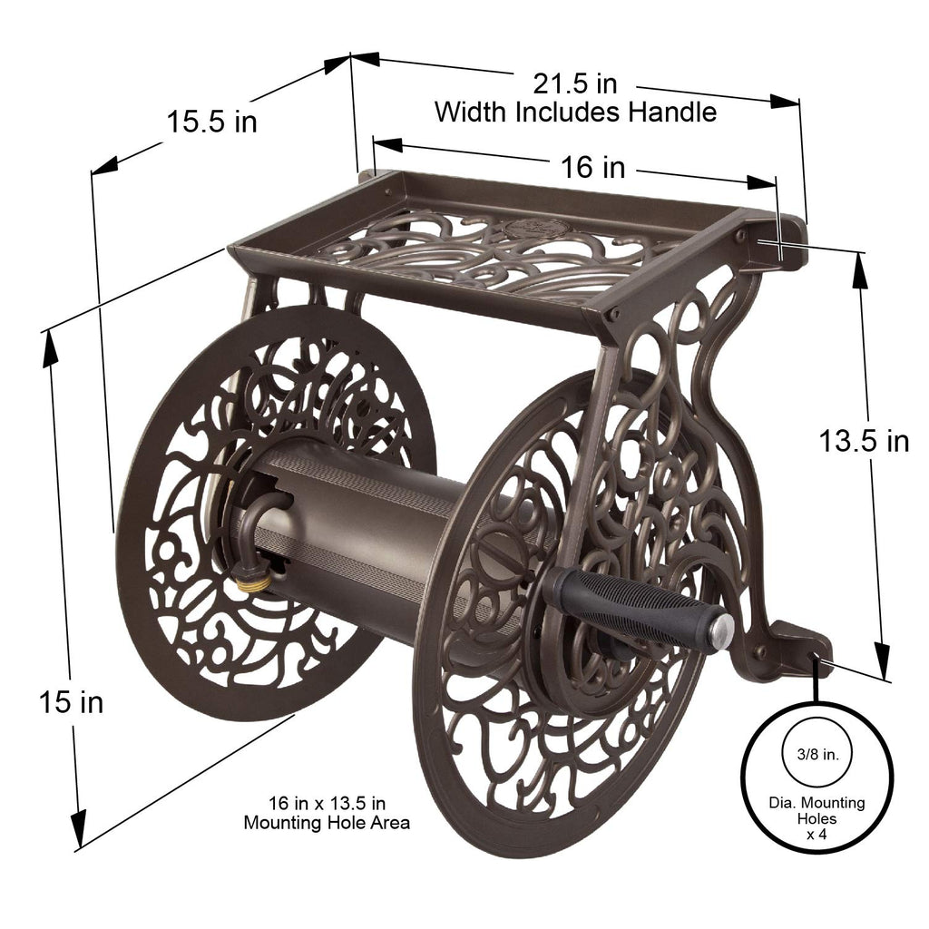 Cast Aluminum Wall Mount Hose Reel, Holds 125-Feet of 5/8-Inch Hose - Bronze B485