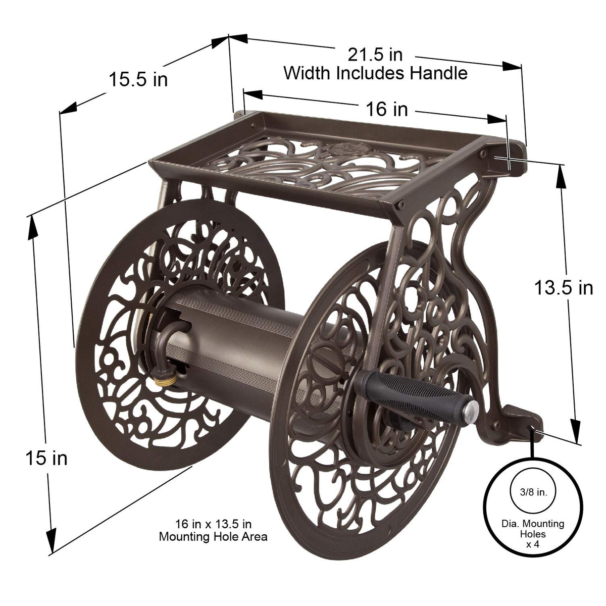 Cast Aluminum Wall Mount Hose Reel, Holds 125-Feet of 5/8-Inch Hose - Bronze B485