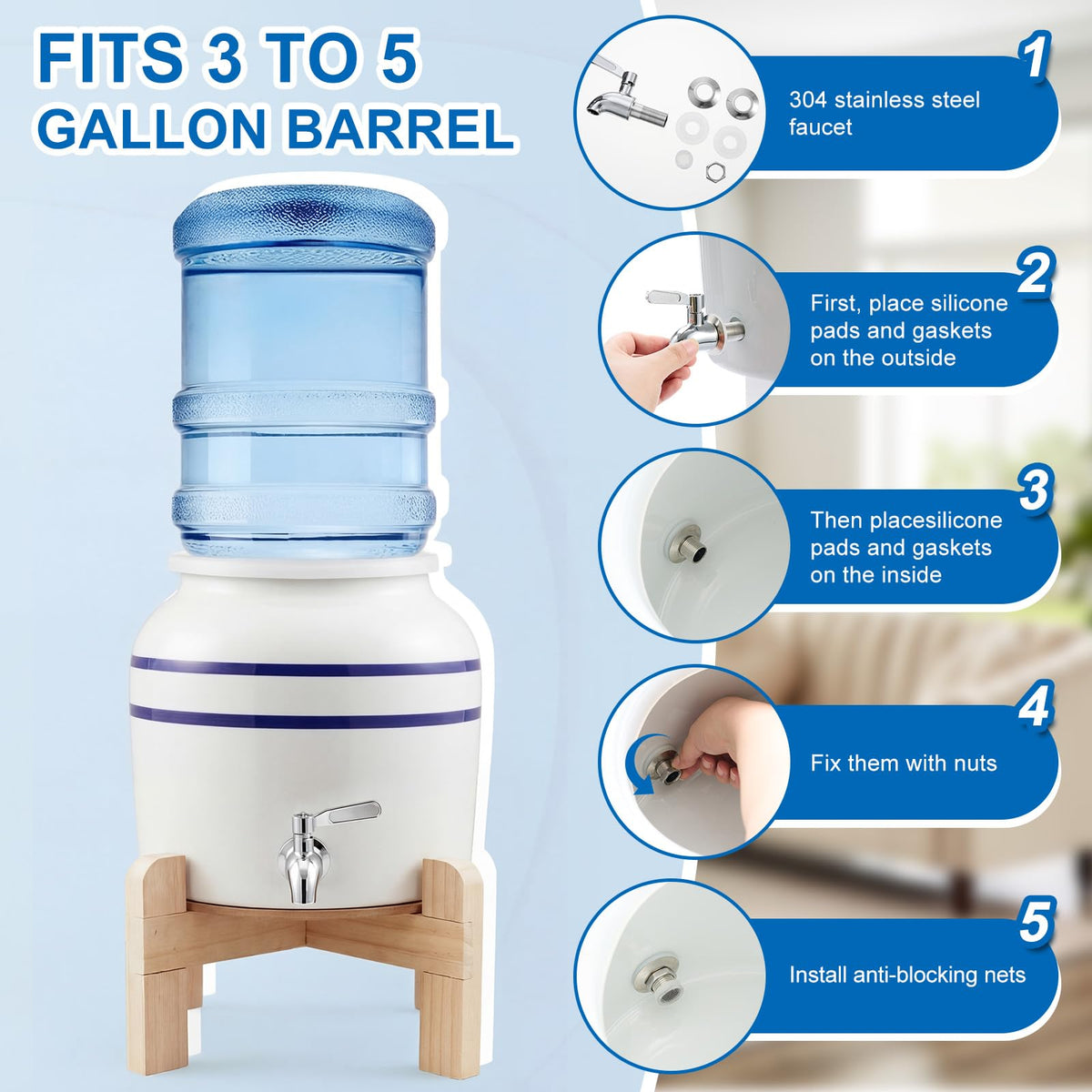 Ceramic Water Dispenser with Wood Stand and Stainless Steel Faucet D654279