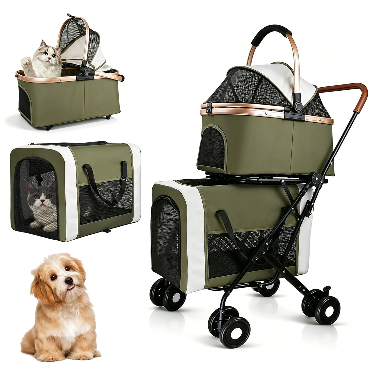 Foldable Double Pet Stroller with Detachable Carriers and 4 Lockable Wheels S23989